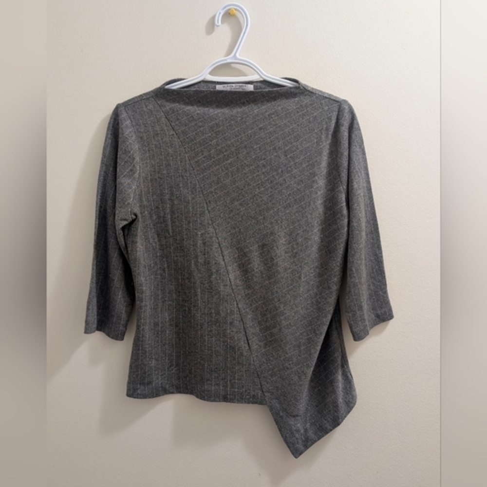 Muriel Dombret Grey Pinstripe Asymmetric Hem Blouse - Made in Canada - Size 10